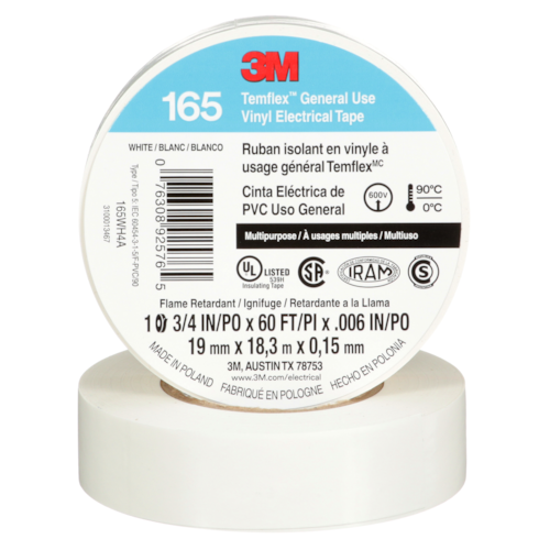 3M™ Temflex™ Vinyl Electrical Tape 165, White, 3/4 in x 60 ft (19 mm x 18 m), 6 mil, 100 Rolls/Case