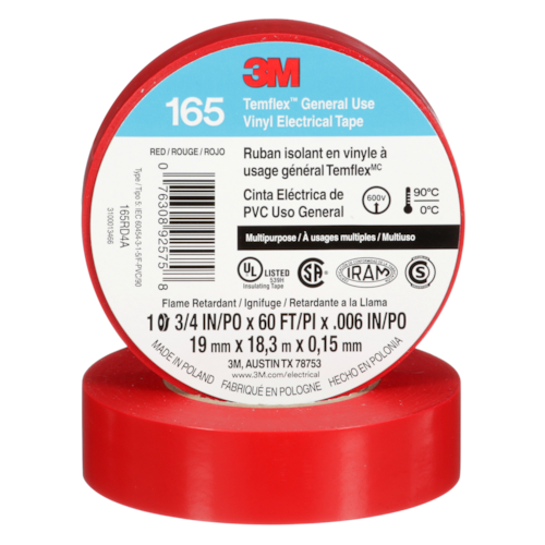 3M™ Temflex™ Vinyl Electrical Tape 165, Red, 3/4 in x 60 ft (19 mm x 18 m), 6 mil, 100 Rolls/Case