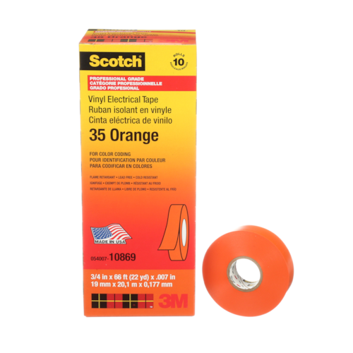 Scotch® Vinyl Color Coding Electrical Tape 35, 3/4 in x 66 ft, Orange, 10 rolls/carton, 100 rolls/Case