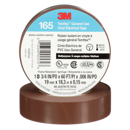 3M™ Temflex™ Vinyl Electrical Tape 165, Brown, 3/4 in x 60 ft (19 mm x 18 m), 6 mil, 100 Rolls/Case
