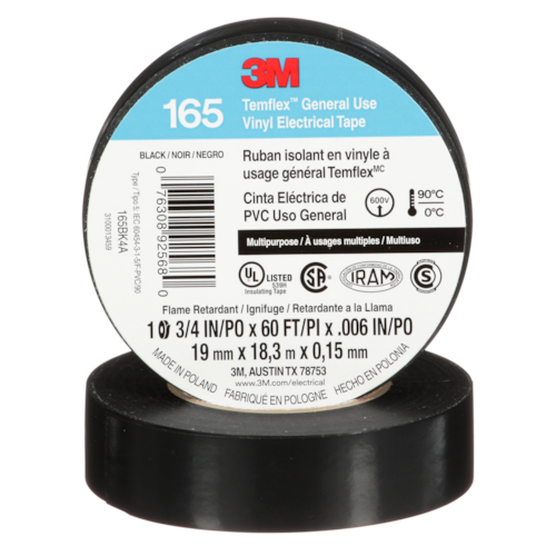 3M™ Temflex™ Vinyl Electrical Tape 165, Black, 3/4 in x 60 ft x .006 in, 100 Rolls/Case