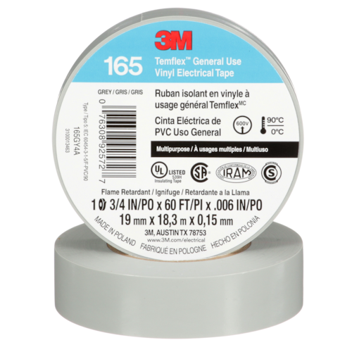 3M™ Temflex™ Vinyl Electrical Tape 165, Gray, 3/4 in x 60 ft (19 mm x 18 m), 6 mil, 100 Rolls/Case